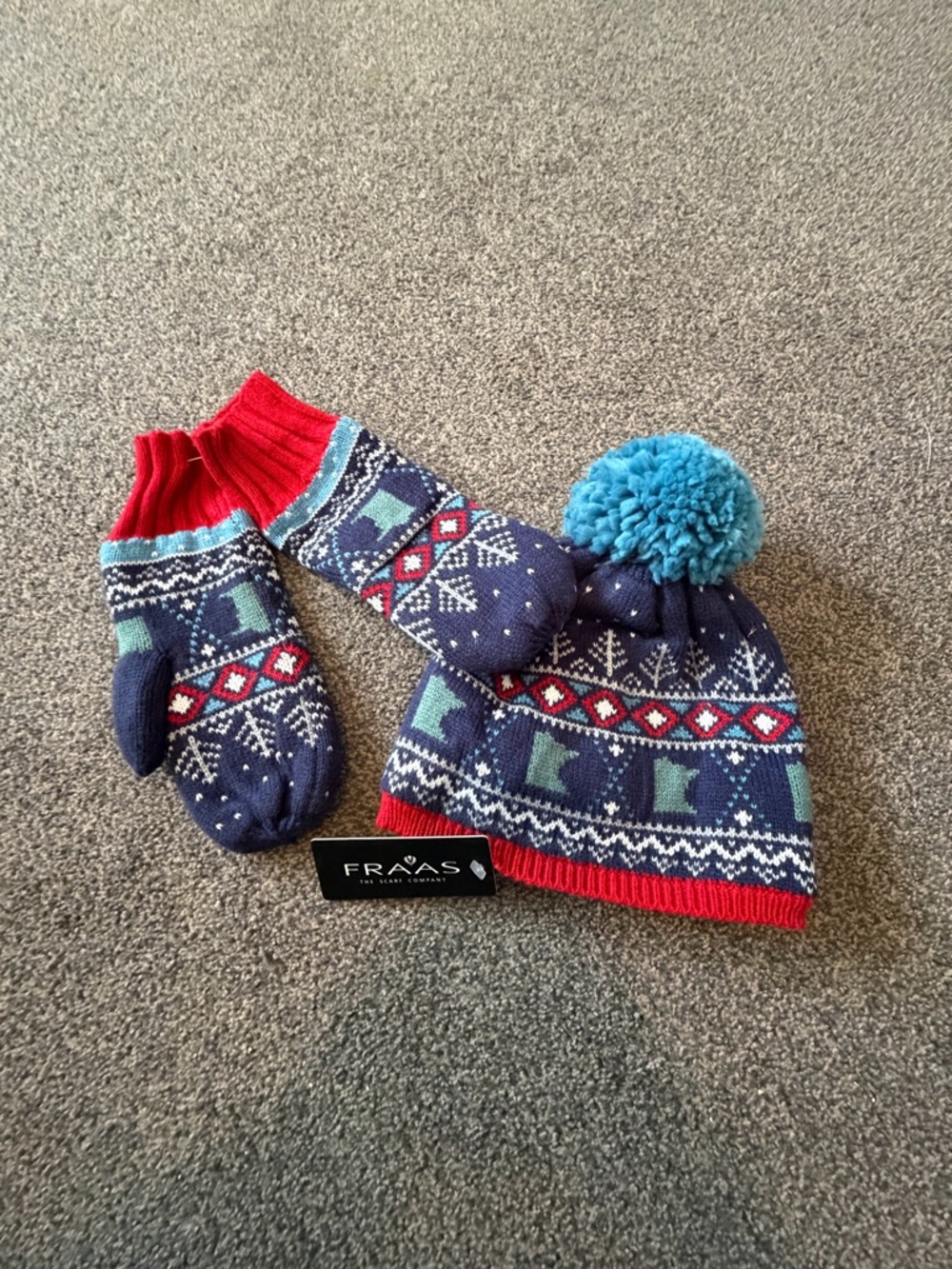 Fraas Navy Blue Knit Hat & Mittens Set with Teal Pom and Red Trim